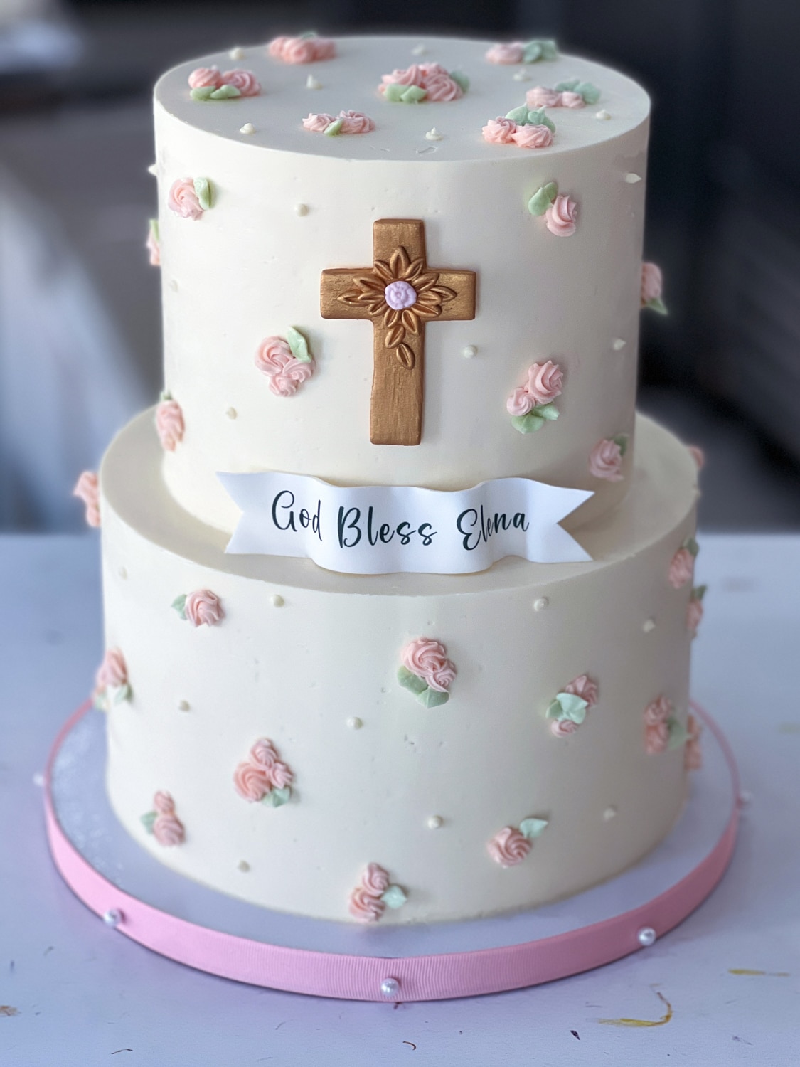 Pink Rosette Christening Cake for a girl by Whipped Bakeshop Philadelphia